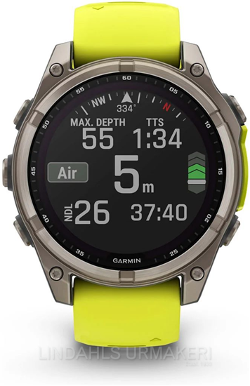 Garmin Fenix 8 Solar Sapphire<div><div> Titan med gult/grafitgrått silikonband </div></div>